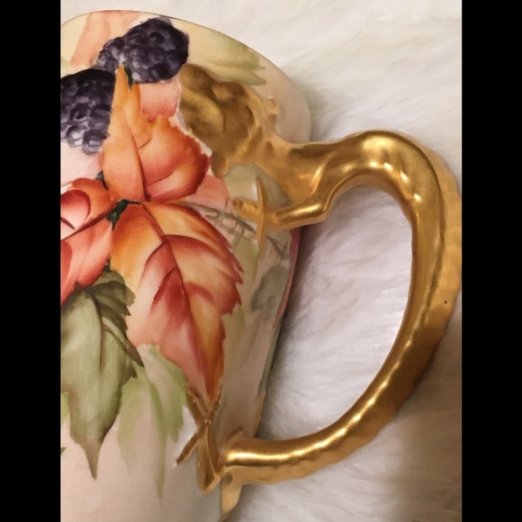 Jean Pouyat Antique hand painted mug floral with gold lizard handle - Picture 2 of 6